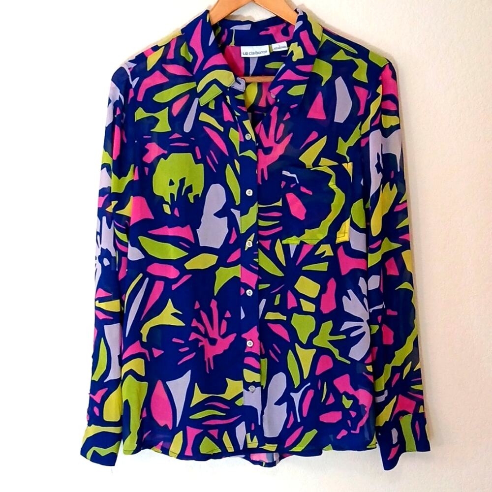 Liz Claiborne neon abstract sheer blouse with tank